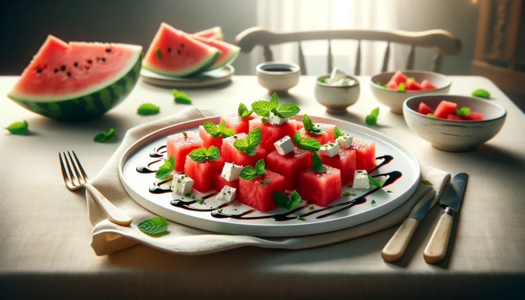 Watermelon Feta Salad, served on a white plate. The salad should feature vibrant, red watermelon cubes