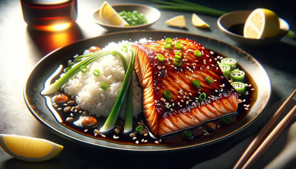 a delicious Ginger-Soy Glazed Salmon dish. The salmon fillet is perfectly cooked with a glossy, caramelized glaze