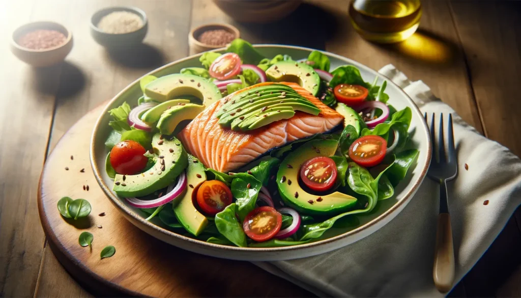 delicious Salmon and Avocado Salad.-The salad is composed of fresh vibrant greens perfectly grilled salmon
