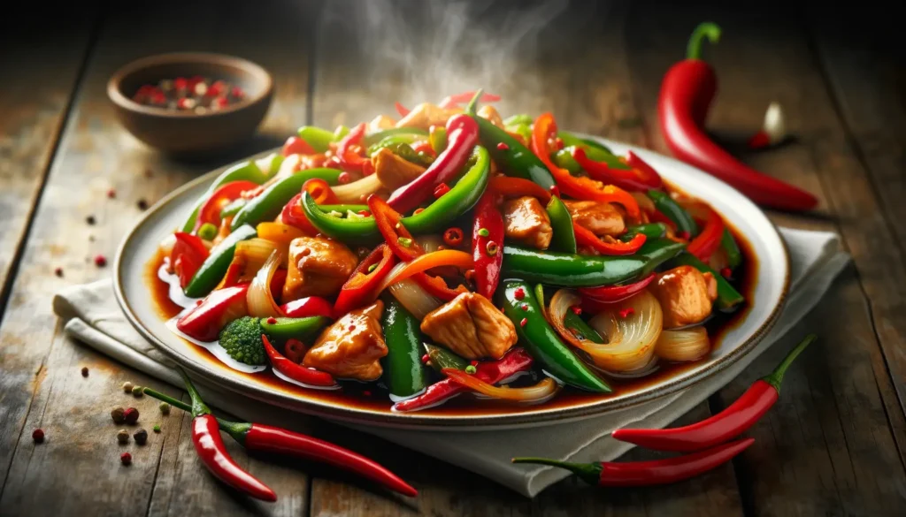 delicious Chili Pepper Chicken Stir-Fry. The dish features tender pieces of chicken, vibrant red and green chillis