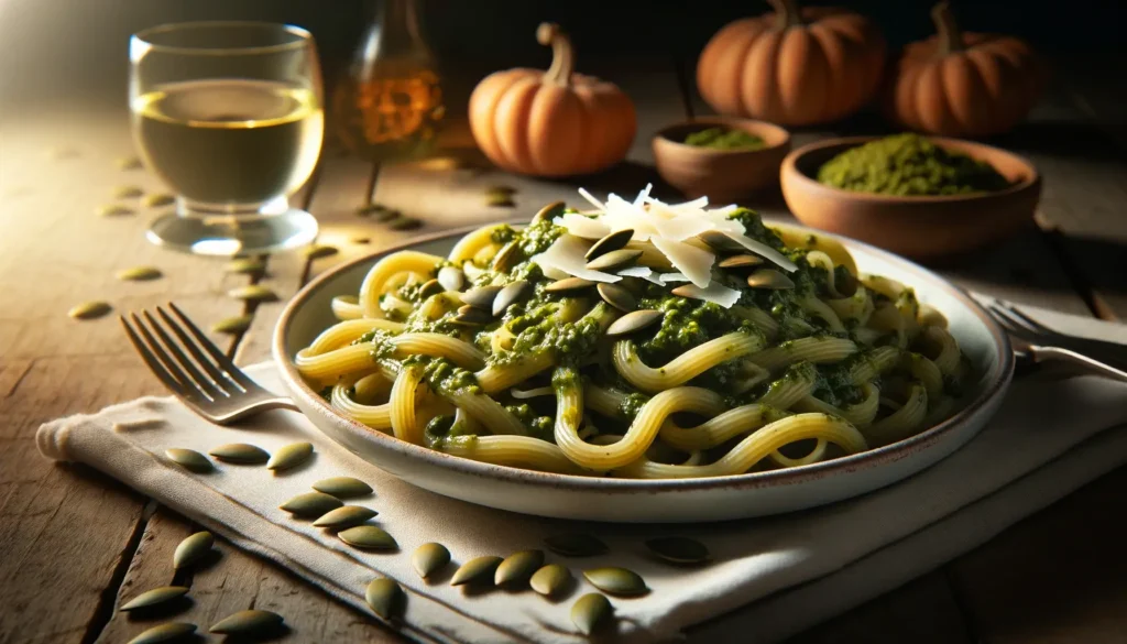 delicious serving of Pumpkin Seed Pesto Pasta